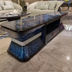 High-Gloss TV Console with Artistic Blue Veneer Finish